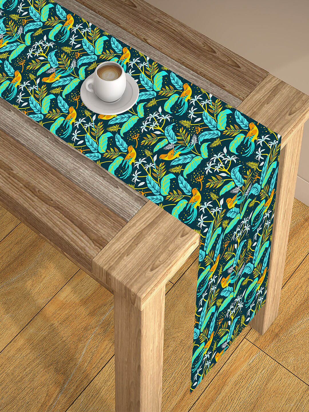 AEROHAVEN Teal Blue Floral Printed 4 Seater  Poly Matte Table Runners