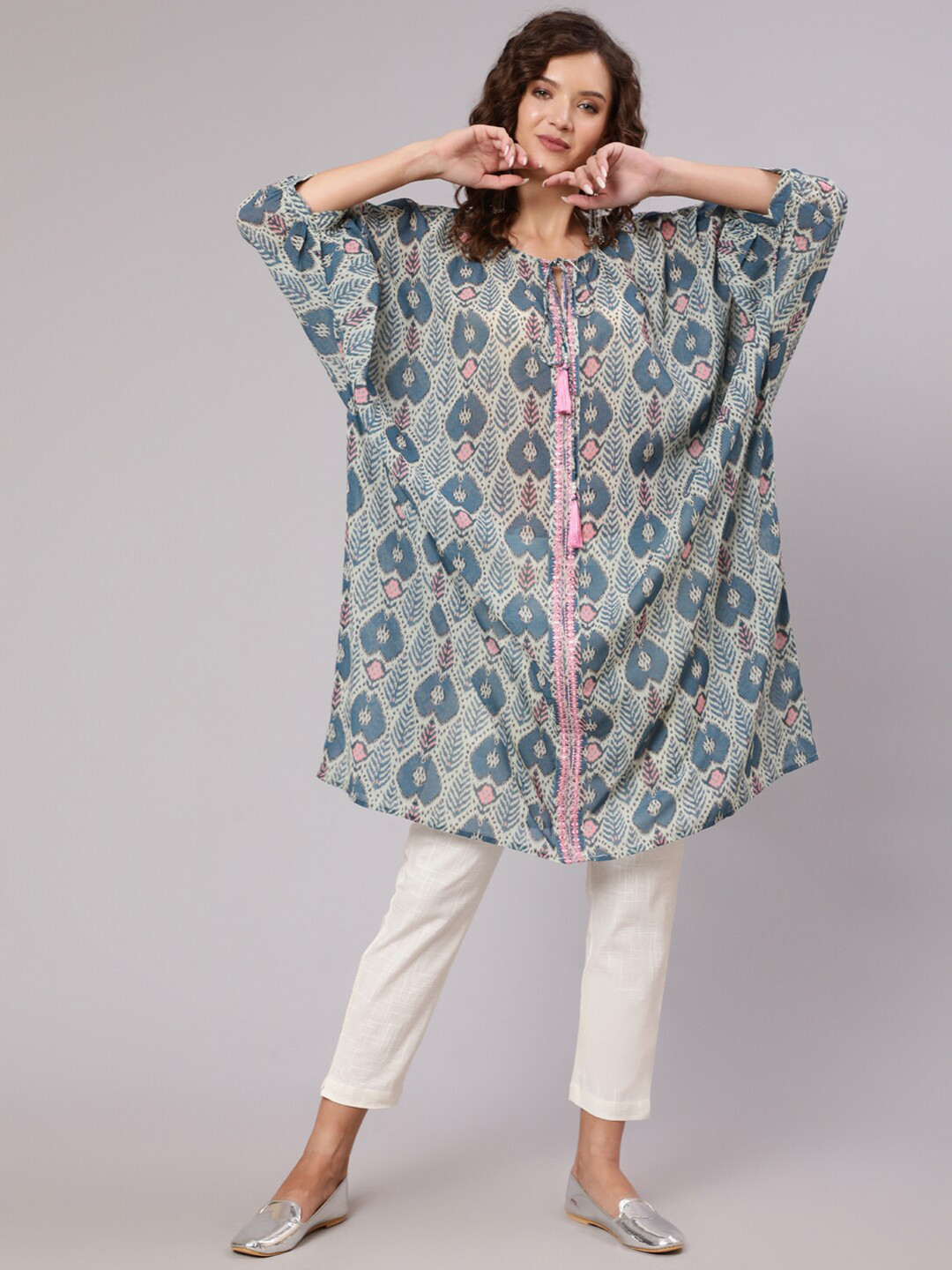 Jaipur Kurti Women Blue & Pink Geometric Printed Longline Kaftan Top