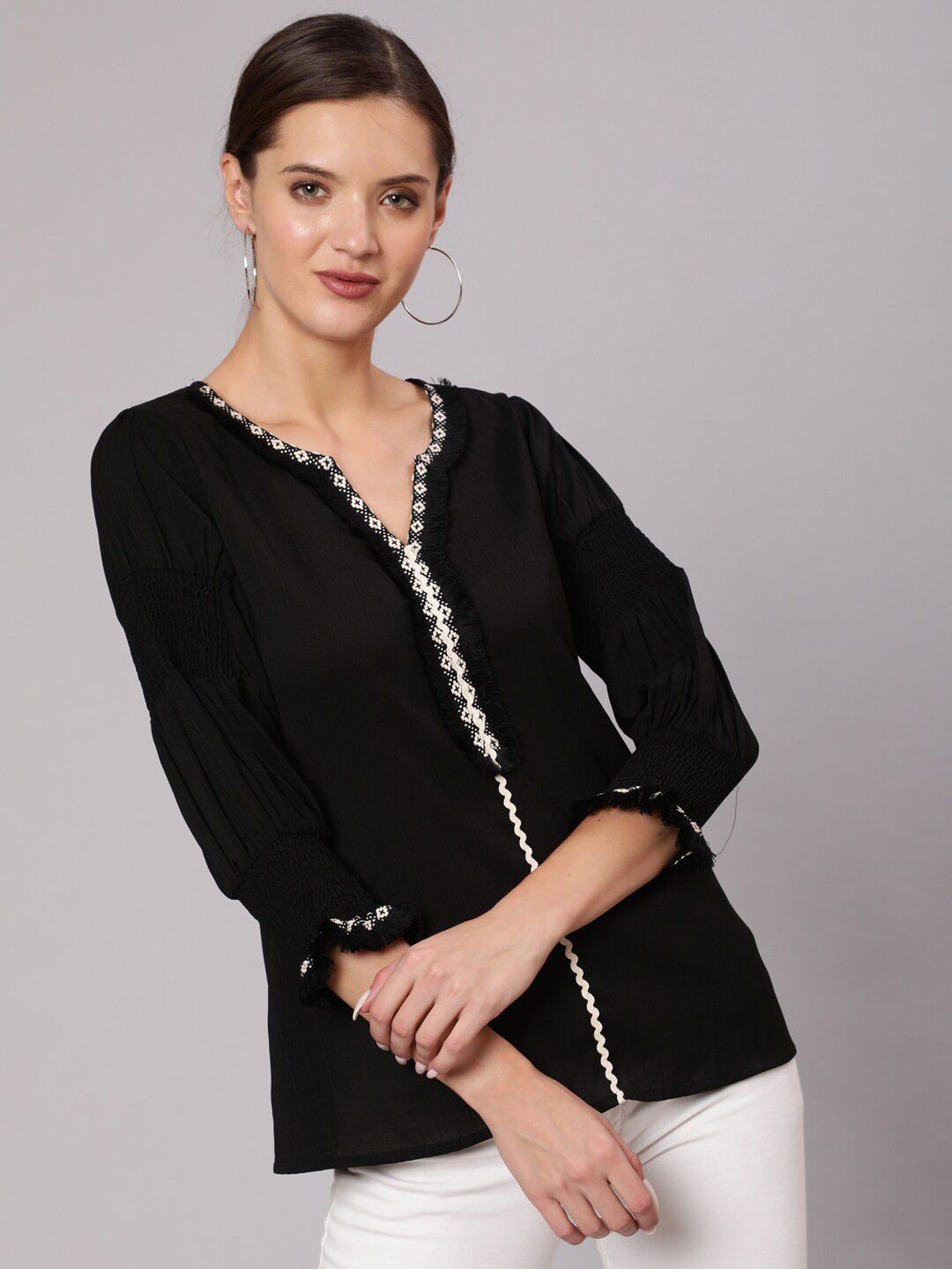 Jaipur Kurti Women Black Solid Lace Embellished Top