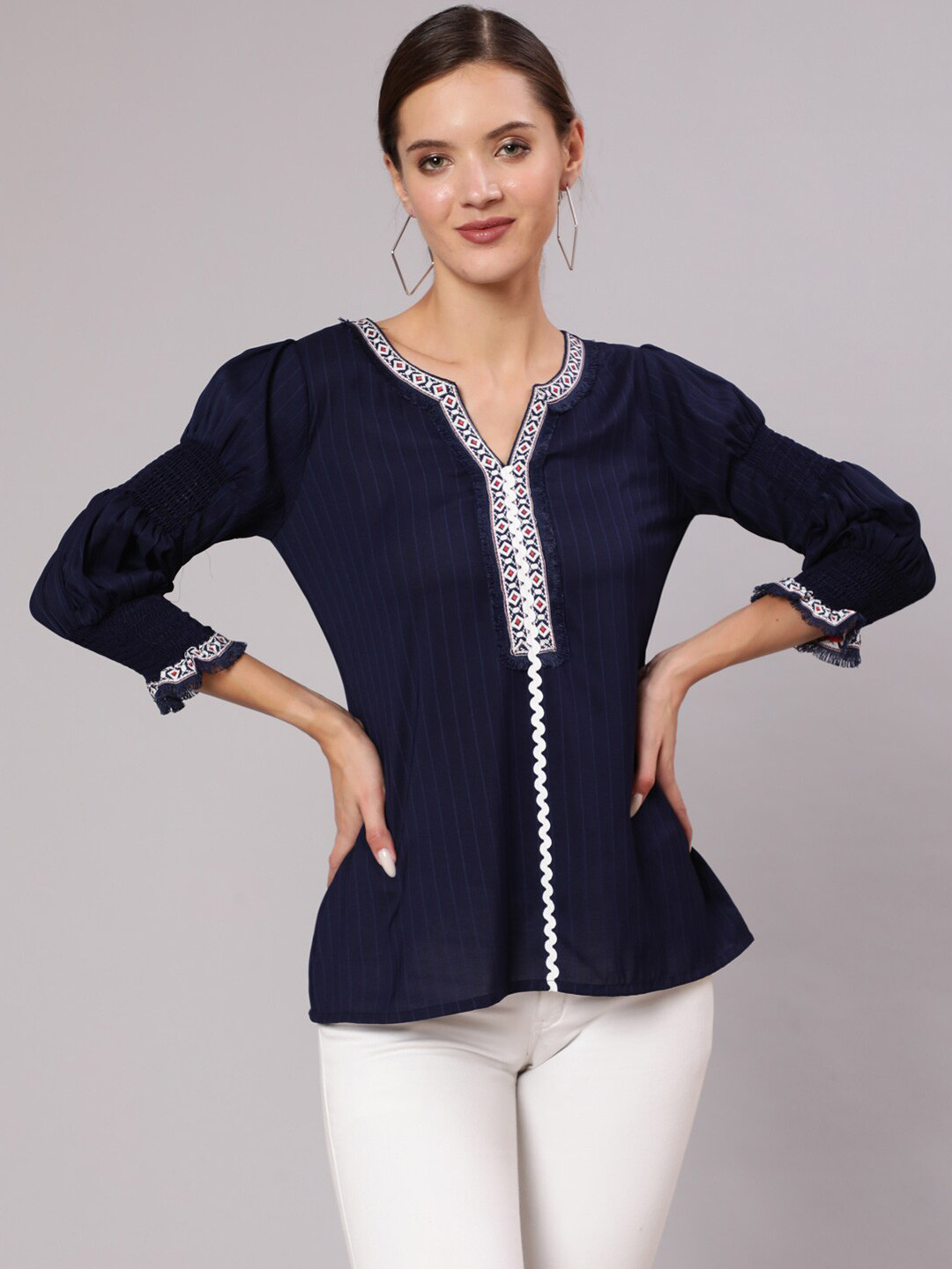 Jaipur Kurti Women Navy Blue & White Striped Keyhole Neck Indigo Top With Smocked Sleeves