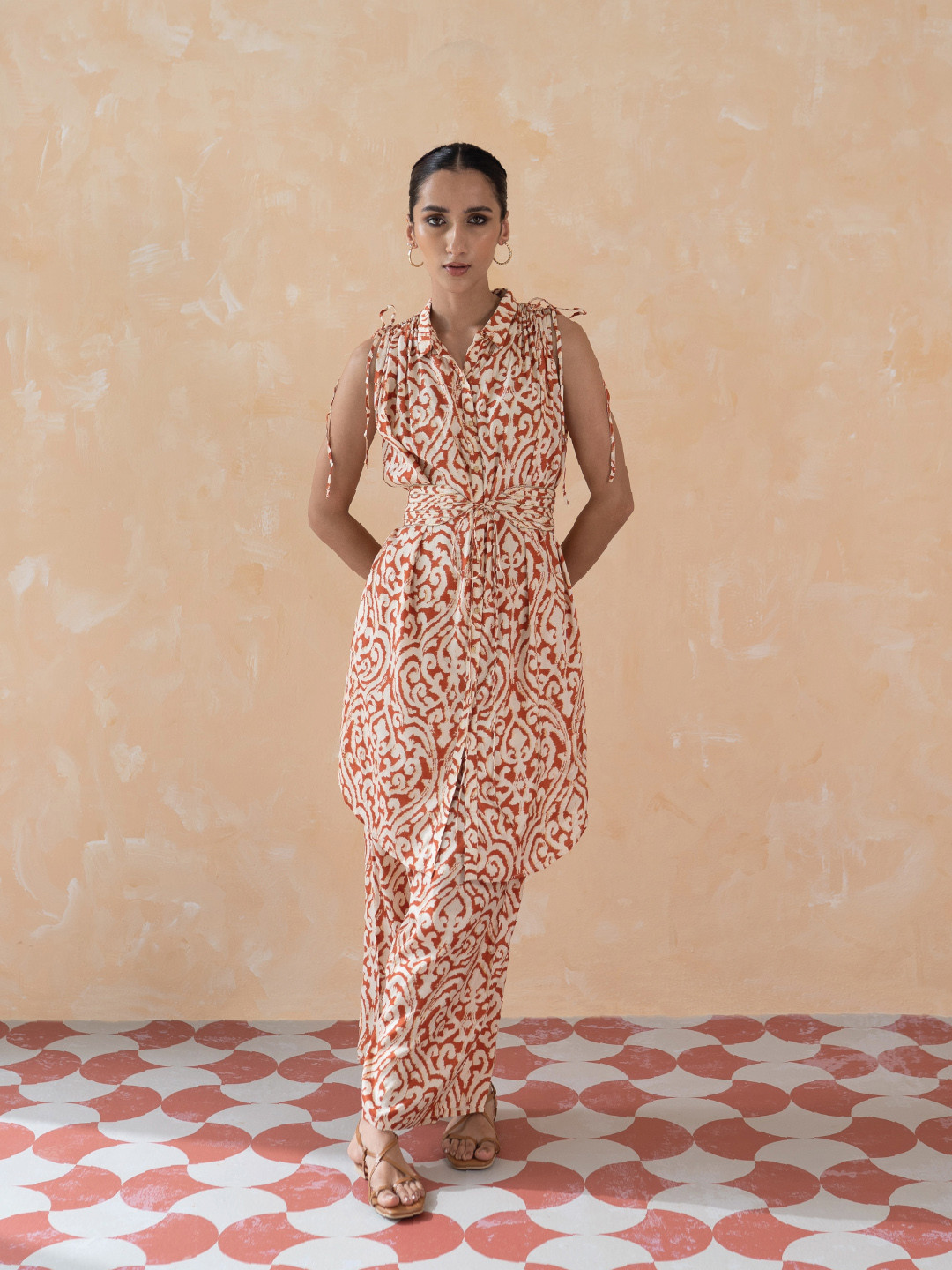 W Women Orange Ikkat Printed Button Down Kurta with Palazzos