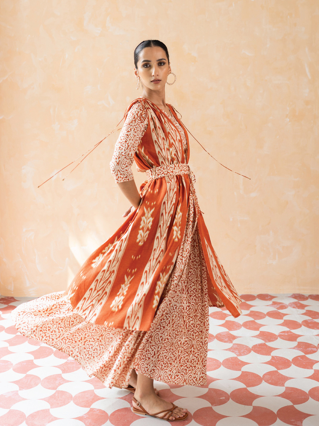 W Women Orange Ikkat Printed Cape with Crop Top and Skirt Co-ord Set