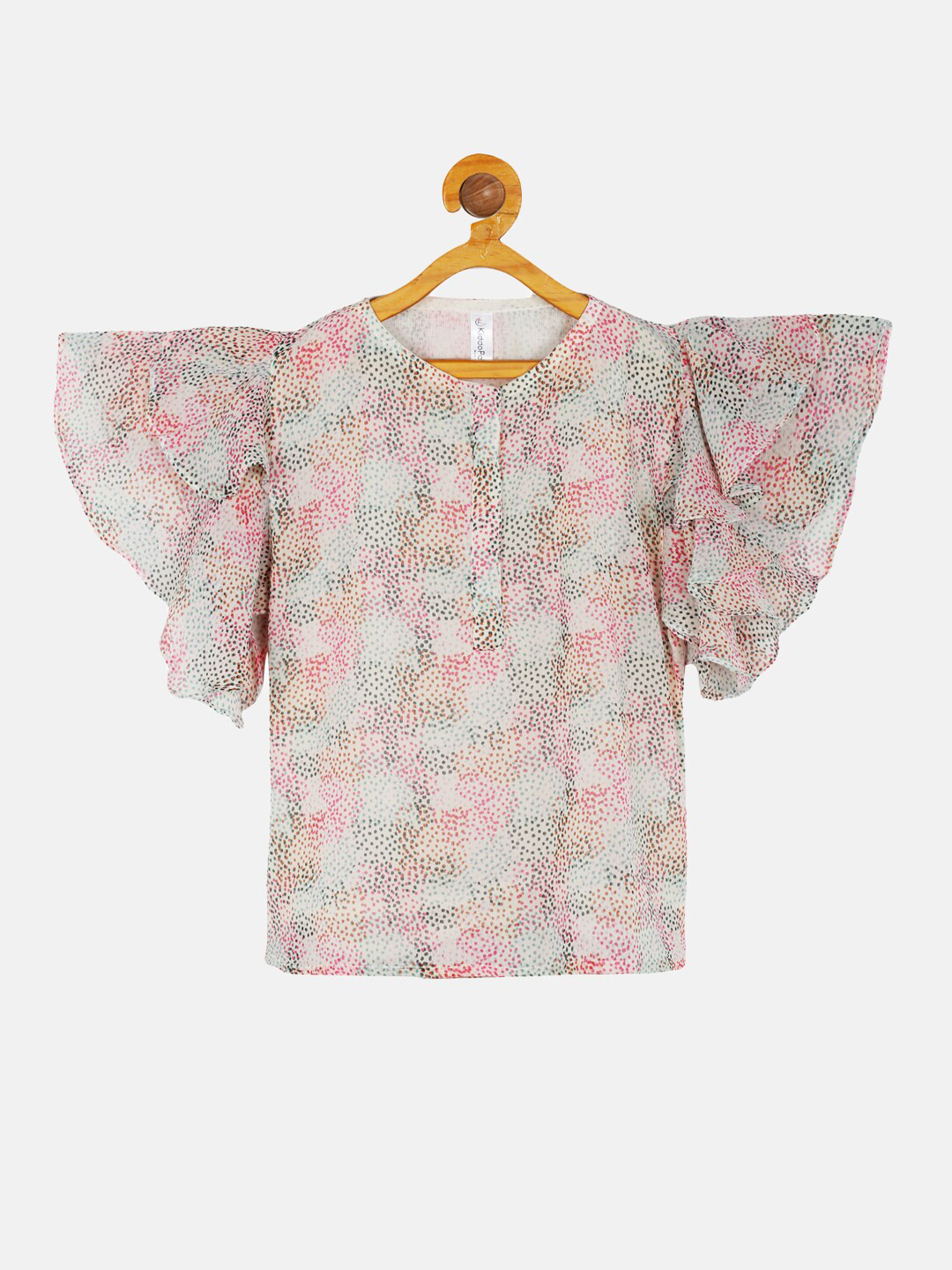 KiddoPanti Peach-Coloured & Sea Green Print Georgette Frill layered Sleeve Top