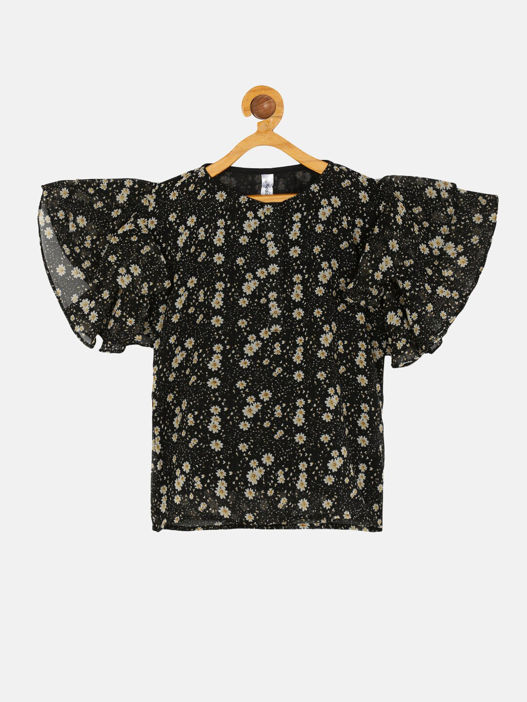 KiddoPanti Black & Cream-Coloured Floral Print Georgette Frill layered Sleeve Top