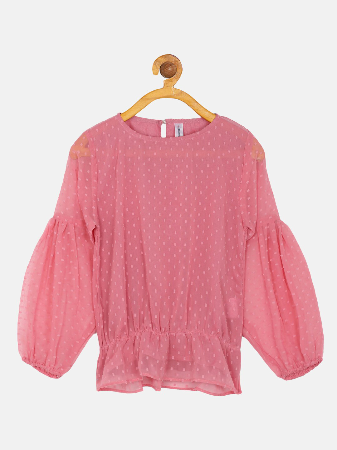 KiddoPanti Pink Georgette Cinched Waist Long Puff Sleeve Top