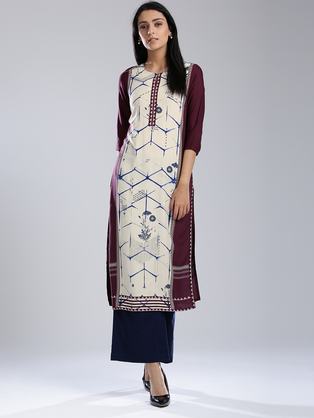 W Women Burgundy & Off-White Printed Straight Kurta