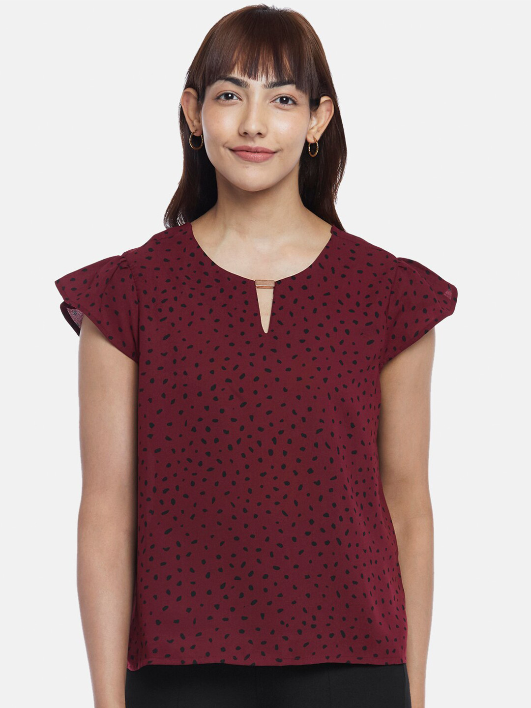 Annabelle by Pantaloons Women Wine Red Geometric Print Keyhole Neck Cap Sleeves Top