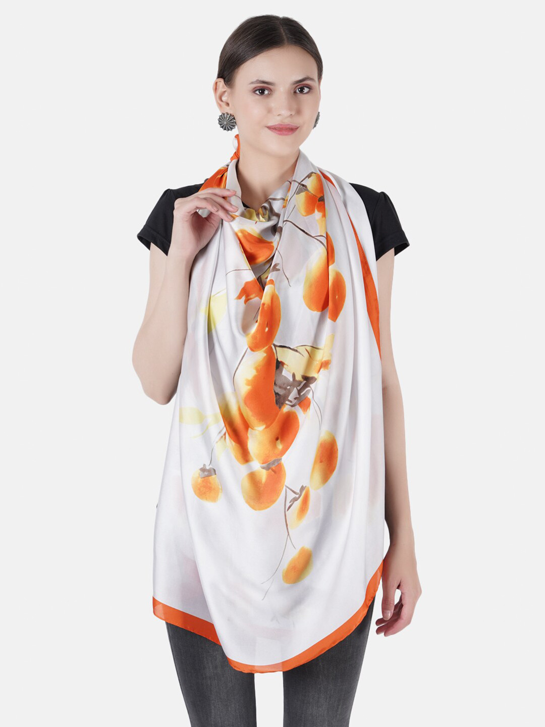 MUFFLY Women Off White & Orange Printed Scarf