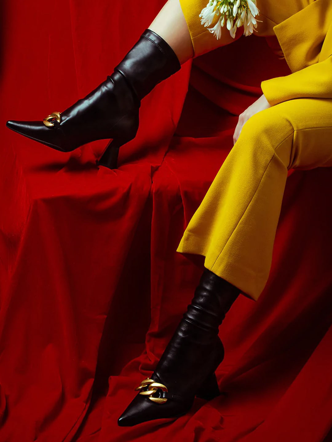 Saint G Black Leather Chain Detail Mid-Top Regular Heeled Boots