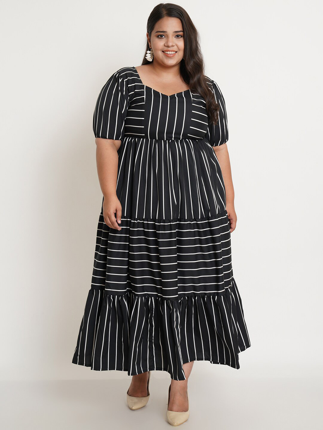 U&F Plus Size Women Black & White Striped Crepe Maxi Dress