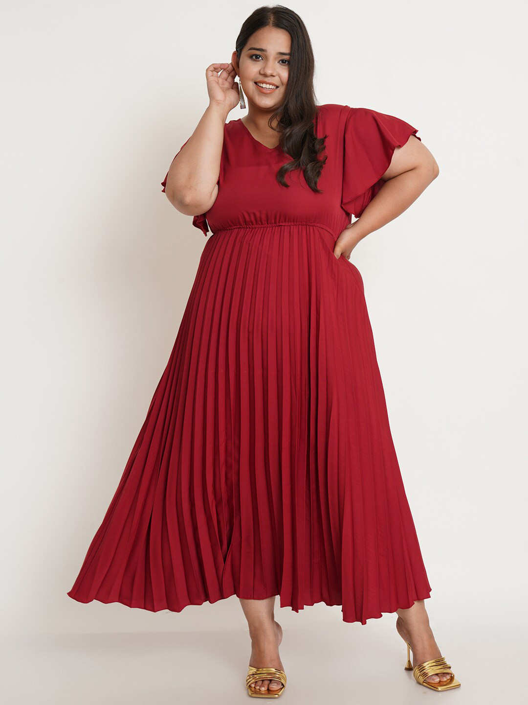 U&F Women Plus Size Maroon Accordion Pleated Maxi Dress