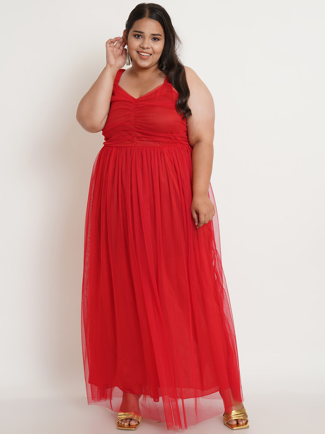 U&F Women Red Plus Size Net Maxi Dress