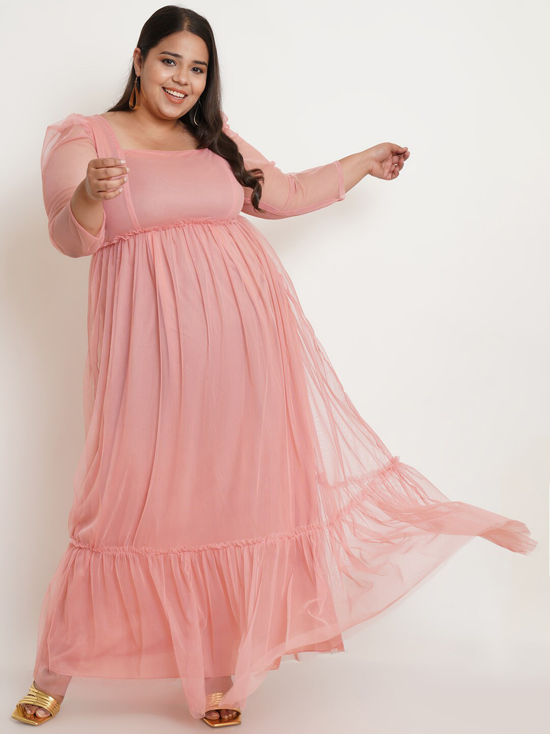 U&F Women Pink Square Neck Net Maxi Dress