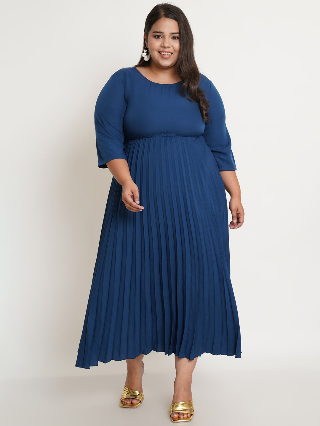 U&F Navy Blue Crepe Empire Plus Size Midi Dress