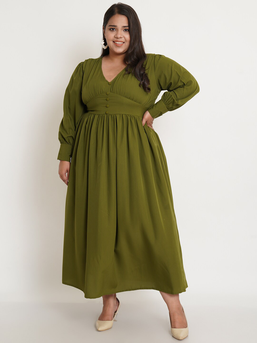 U&F Olive Green Crepe Maxi Dress