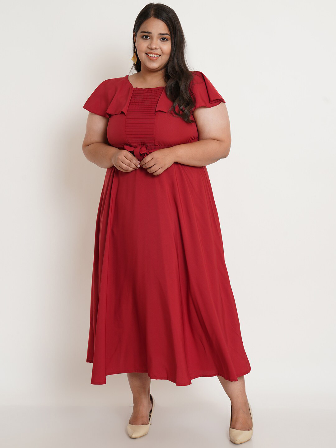 U&F Maroon Crepe Solid Maxi Dress