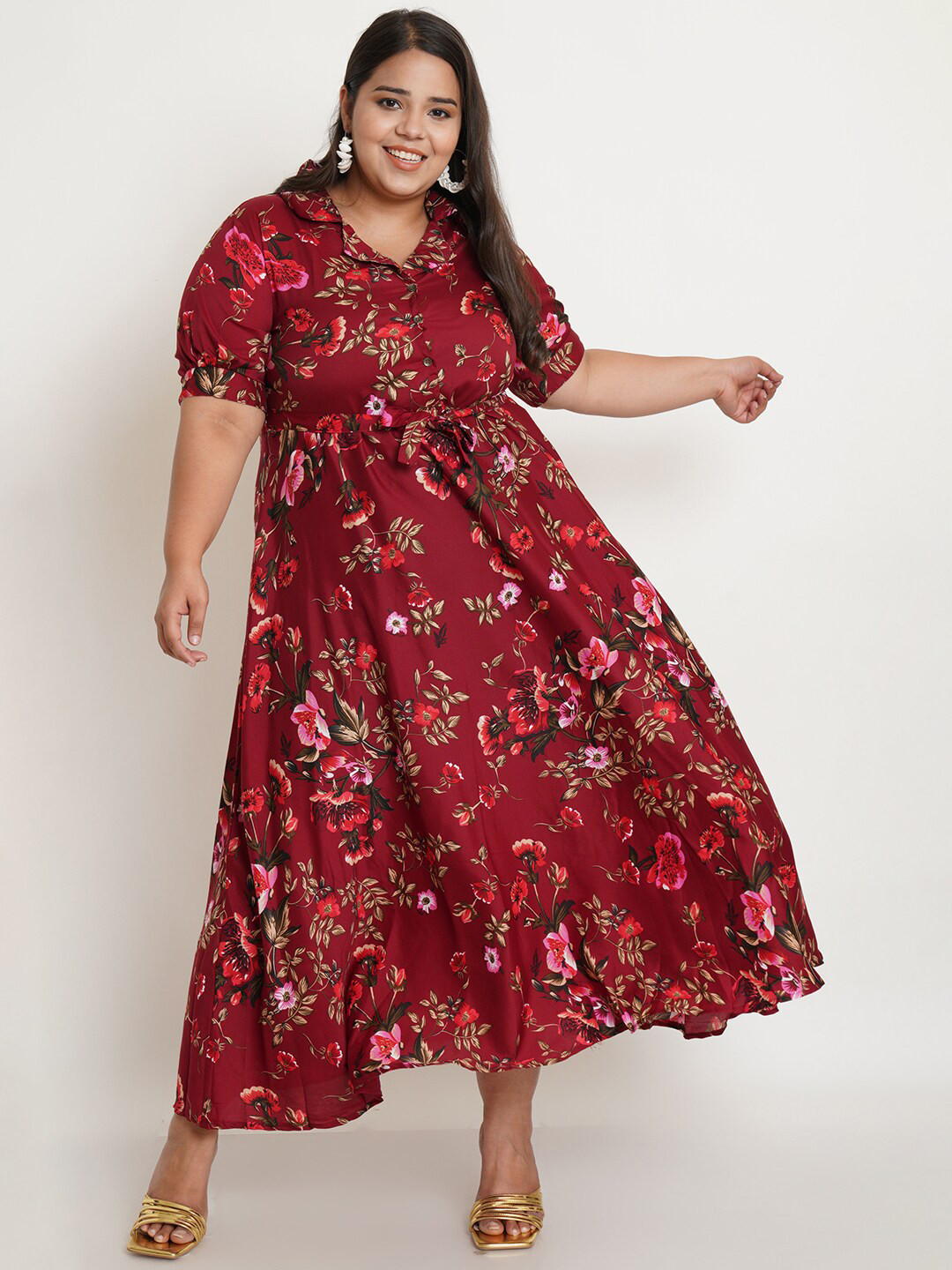 U&F Women Maroon & Green Floral Crepe Plus Size Maxi Dress