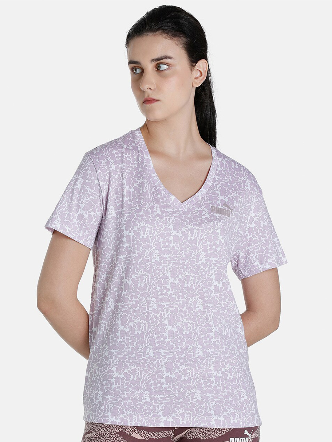 Puma Women Lavender Printed Relaxed-Fit Cotton T-shirts