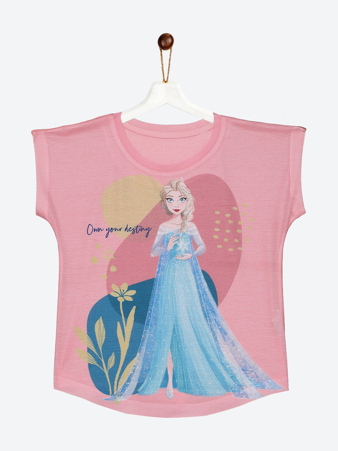 YK Disney Girls Pink Frozen Elsa Print Short Sleeves Cotton Top