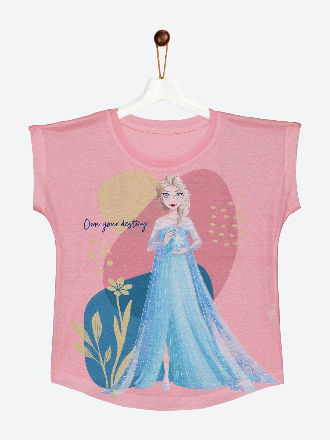 YK Disney Girls Pink Frozen Elsa Printed Cotton Top