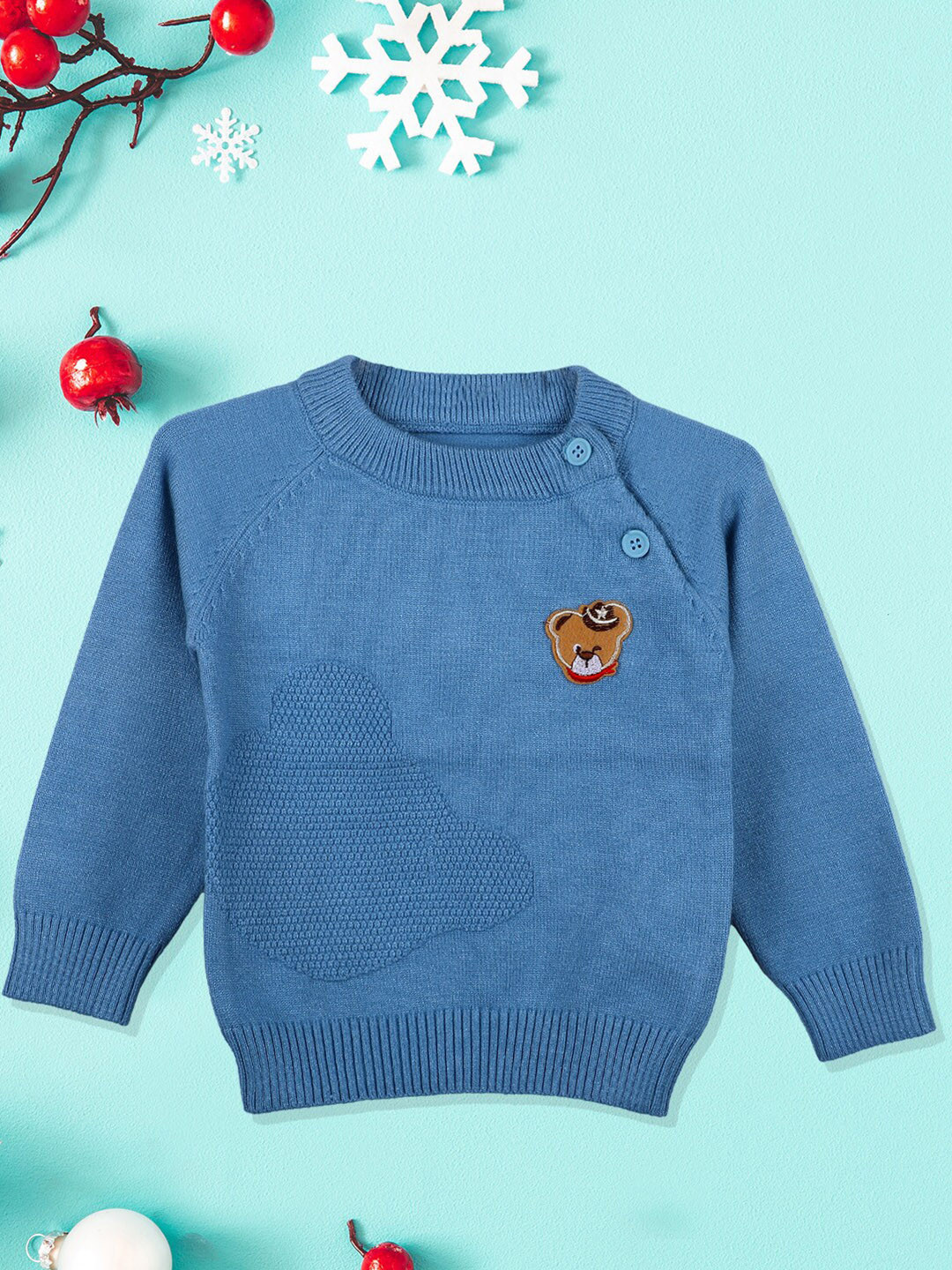 Baby Moo Unisex Kids Blue & Brown Embroidered Cotton Pullover