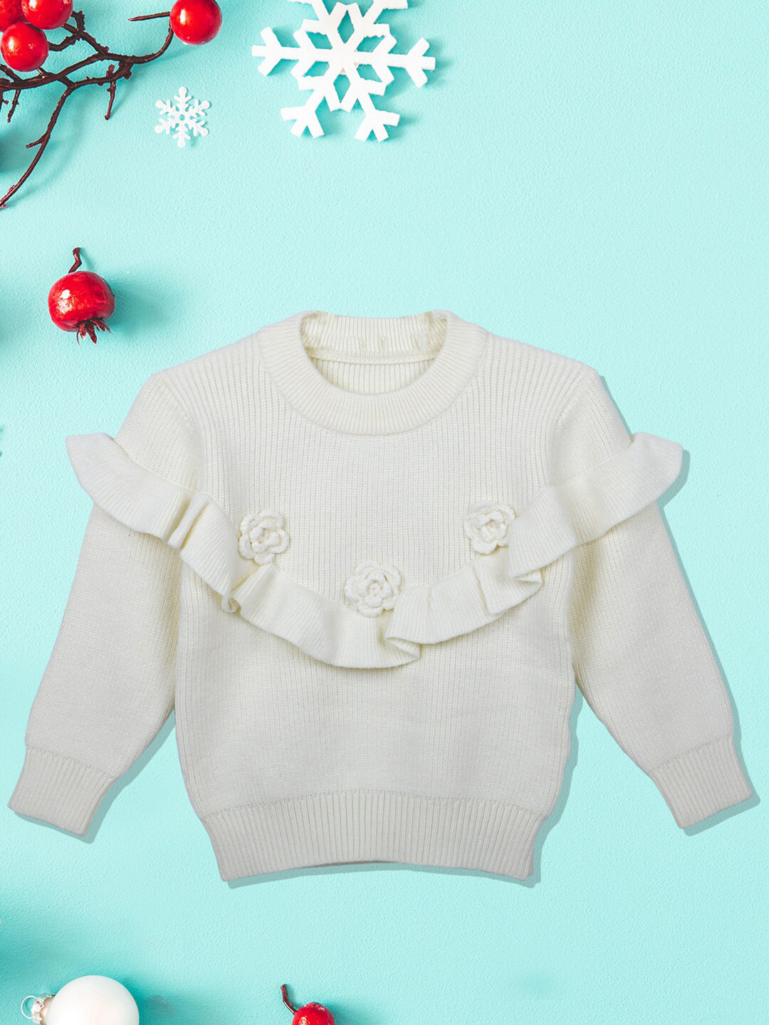 Baby Moo Girls Off White Ribbed Cotton Pullover with Applique Detail