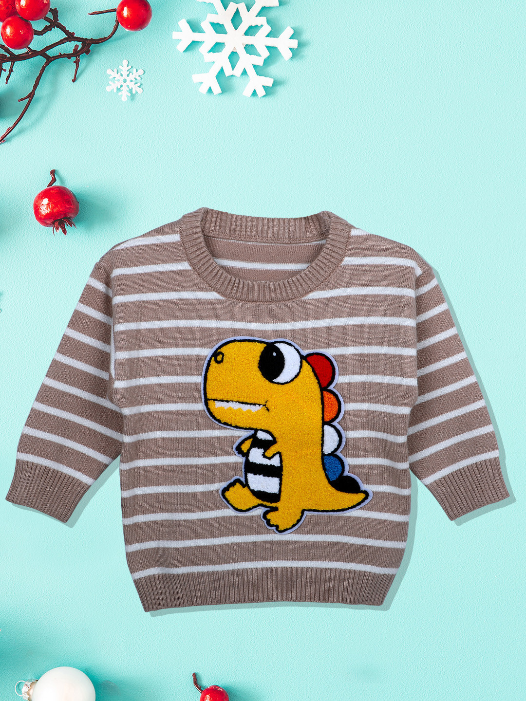 Baby Moo Kids Brown & Yellow Dashing Dino Striped Pullover