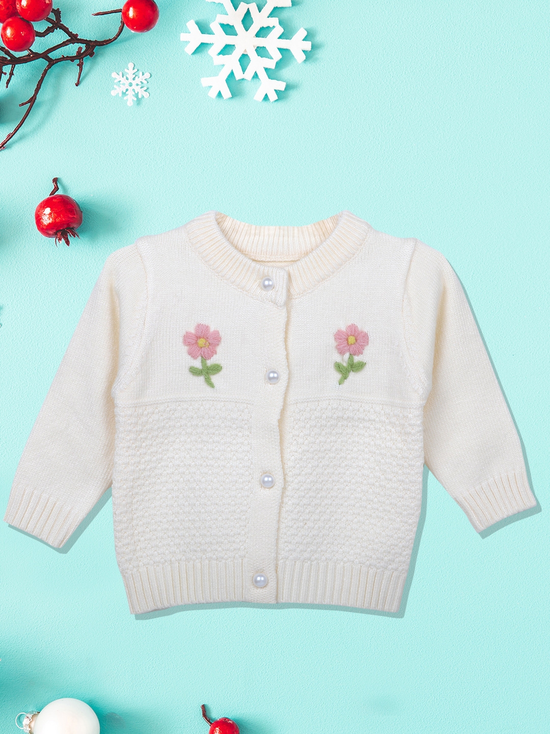 Baby Moo Girls Off White Pink Floral Cardigan with Embroidered Detail