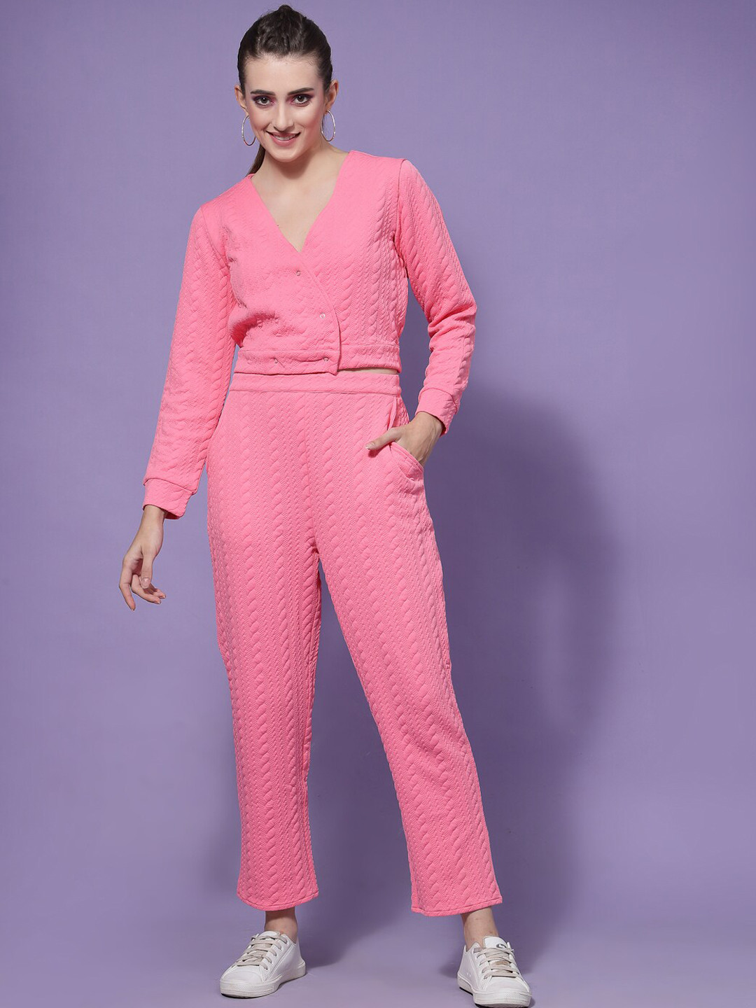 Athena Women Pink Self Design Co-Ords Set