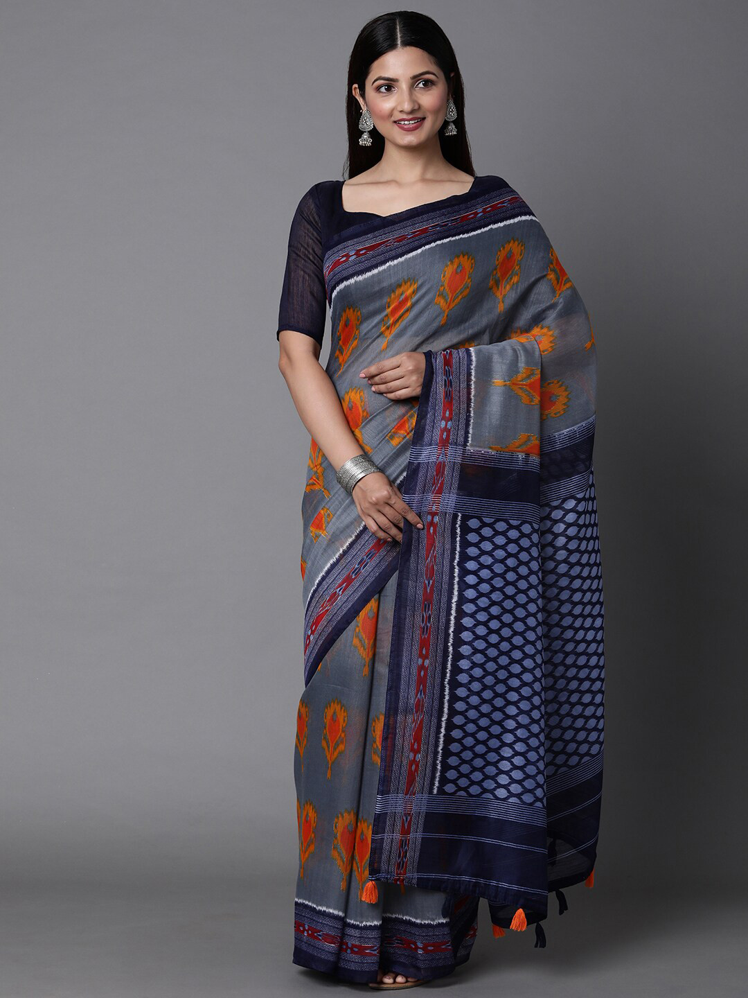 Mitera Grey & Orange Ethnic Motifs Silk Cotton Ikat Saree with Matching Blouse