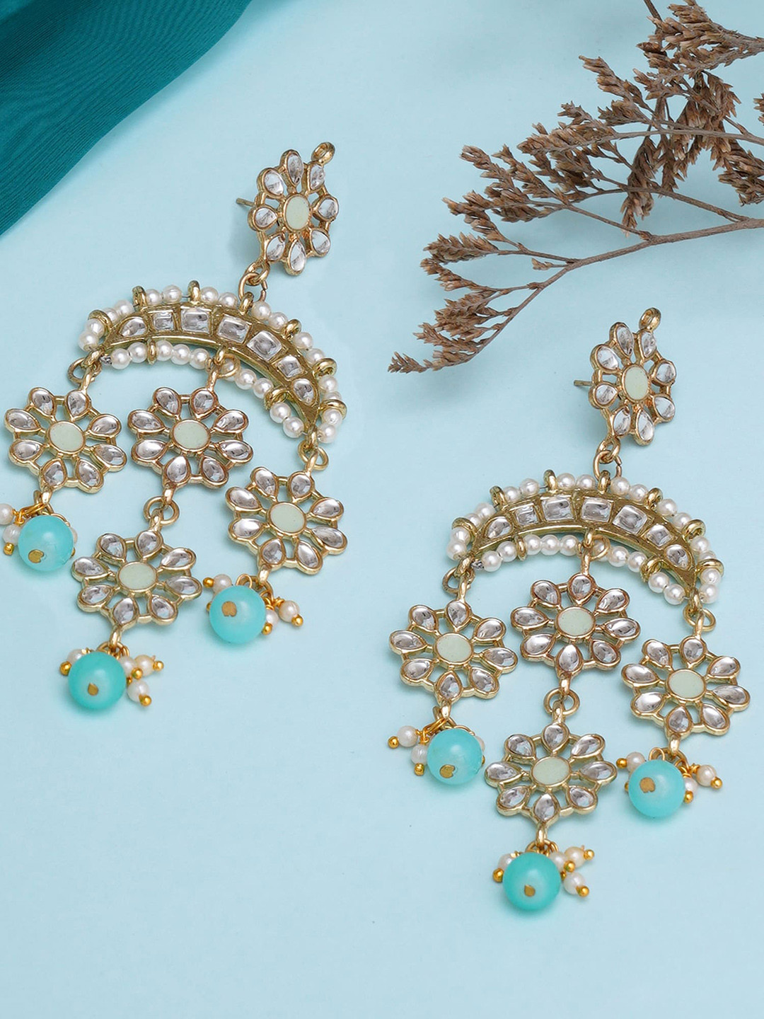 KARATCART Blue & Gold-Plated Contemporary Chandbalis Kundan Dangler Earrings