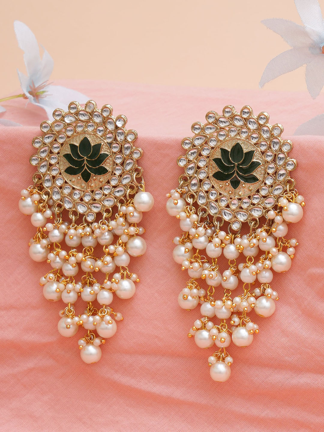 KARATCART Green Gold Plated Meena Kundan Dangler Drop Earrings