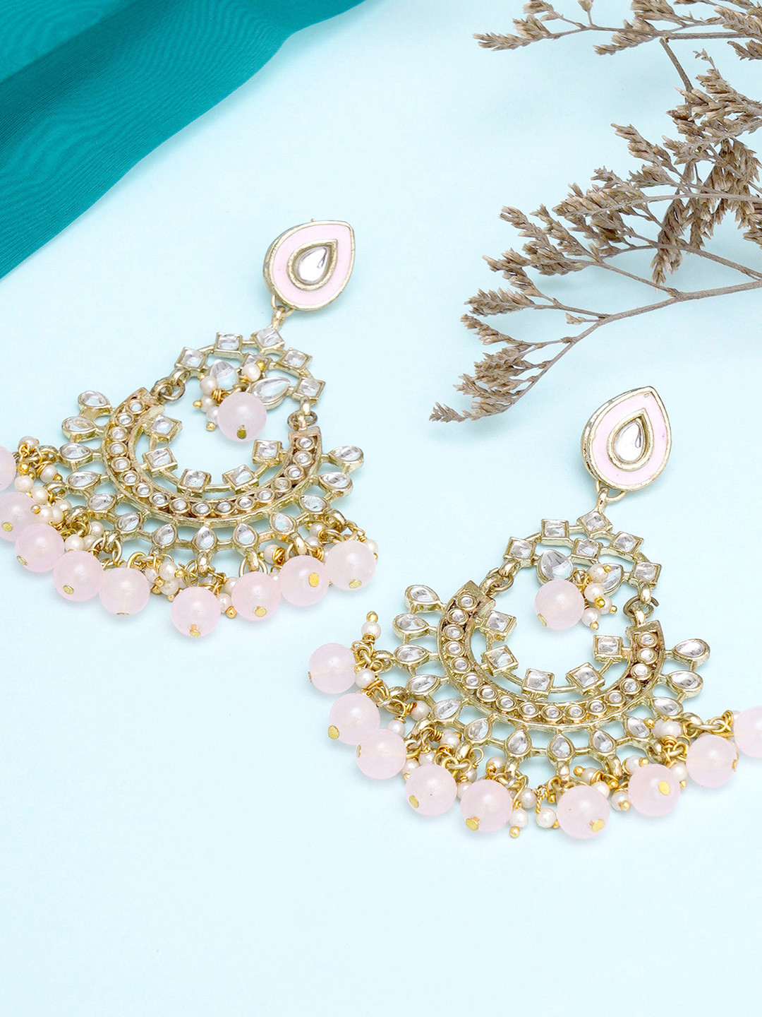 KARATCART Women Pink Beads Kundan Gold-Plated Classic Chandbalis Earrings