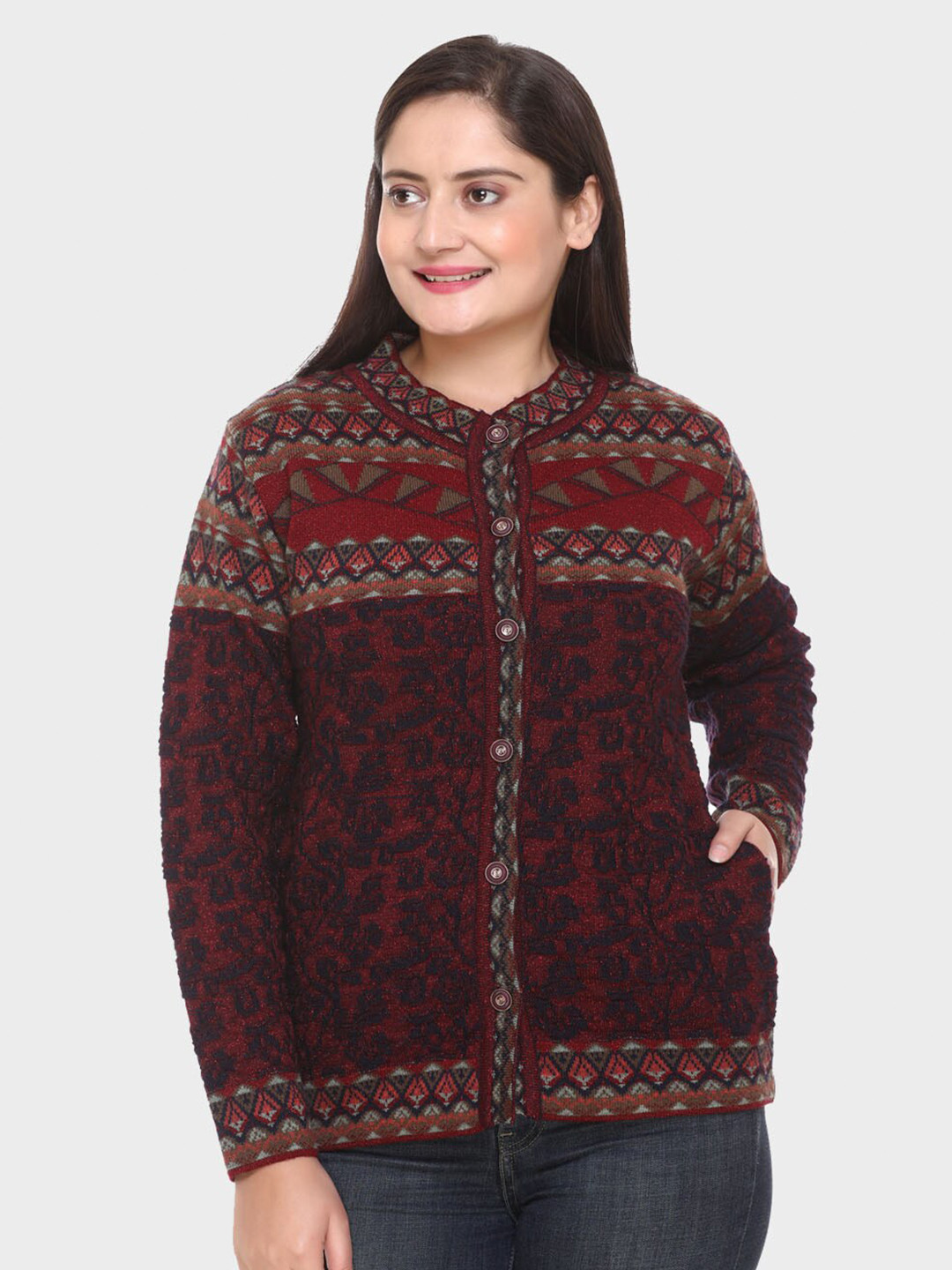 aarbee Women Maroon & Green Floral  Woollen Cardigan