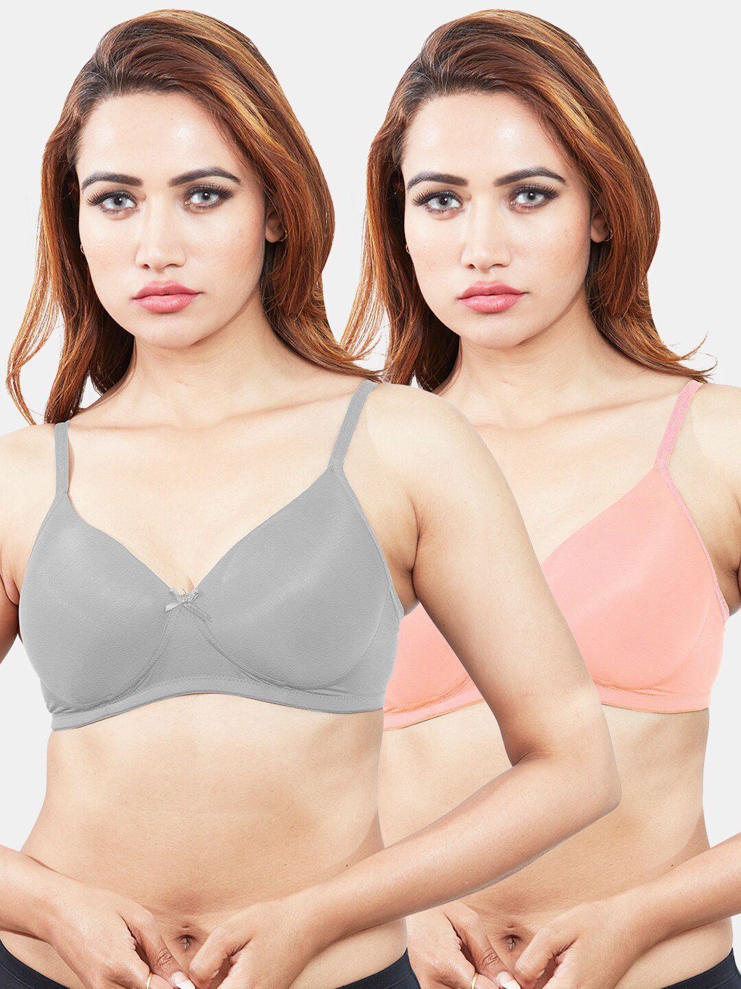 Sonari Peach-Coloured & Grey Pack Of 2 Lightly Padded T-Shirt Bra