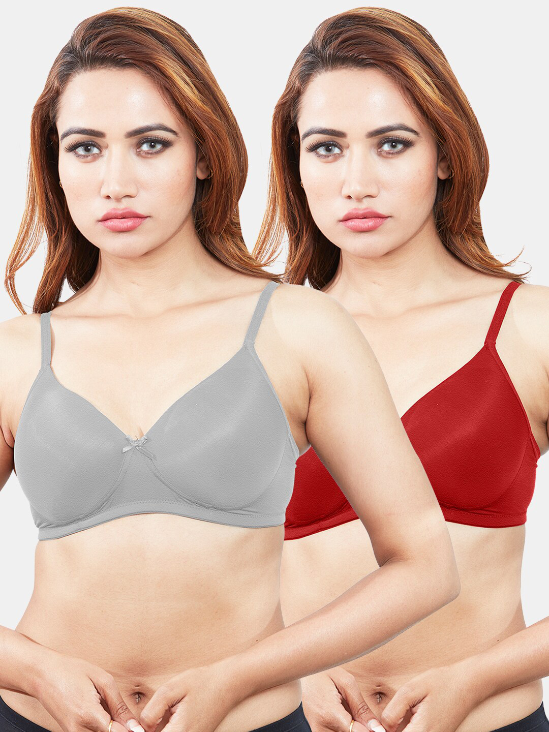 Sonari Women Pack Of 2 Grey & Red Lightly Padded T-Shirt Bra