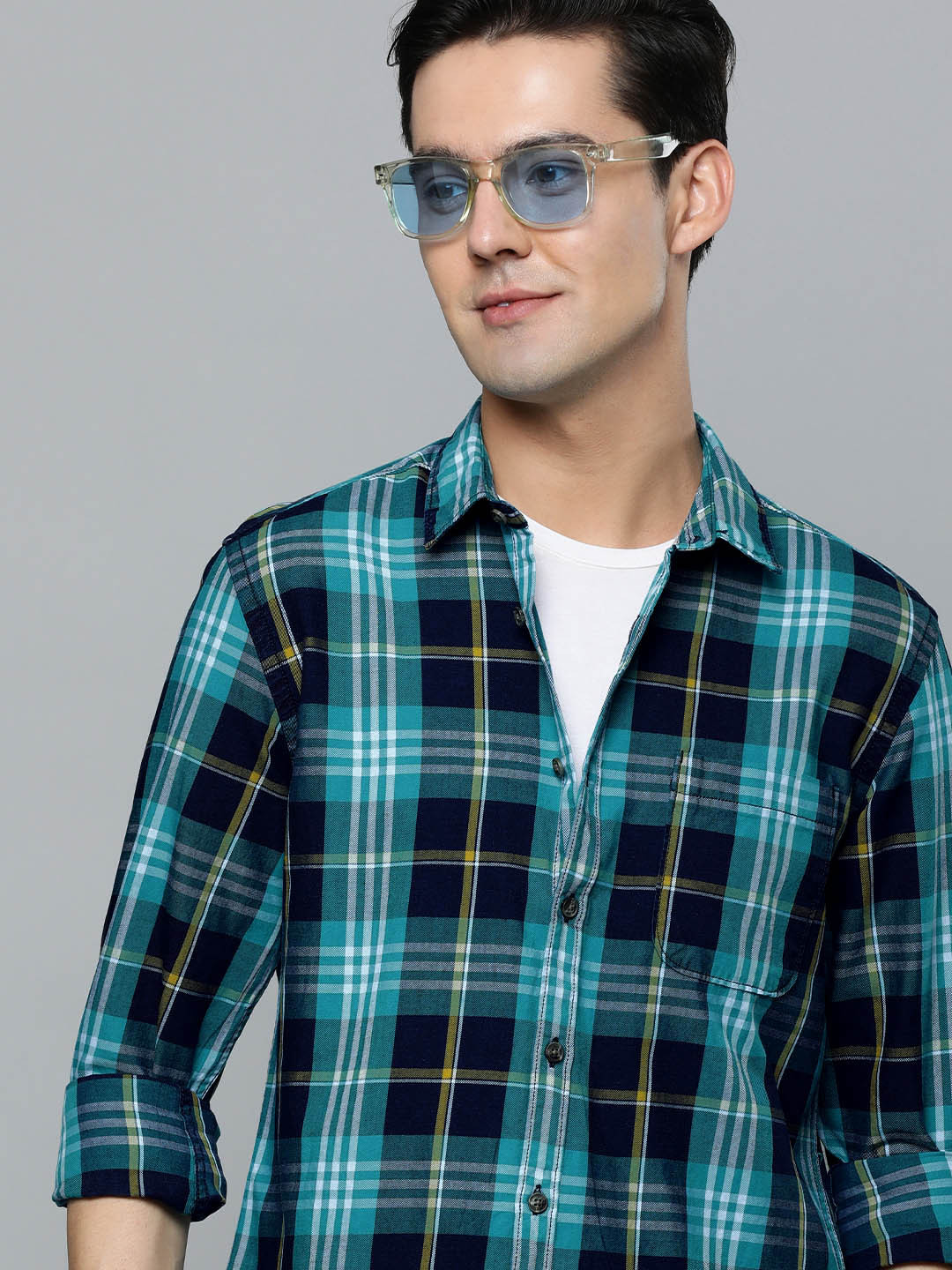 Flying Machine Men Blue Standard Slim Fit Tartan Checks Checked Pure Cotton Casual Shirt