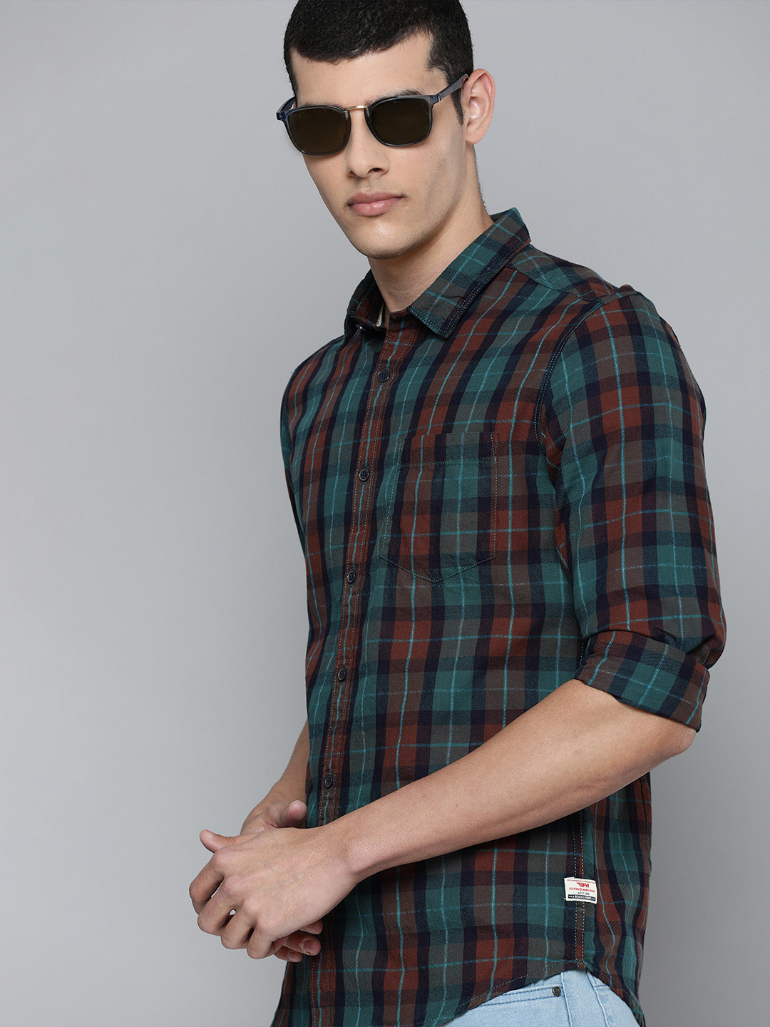 Flying Machine Men Rust Red & Green Standard & Slim Fit Checked Pure Cotton Casual Shirt