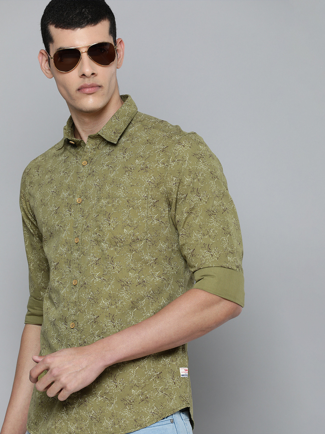 Flying Machine Men Olive Green Standard Slim Fit Printed Pure Cotton Casual Shirt