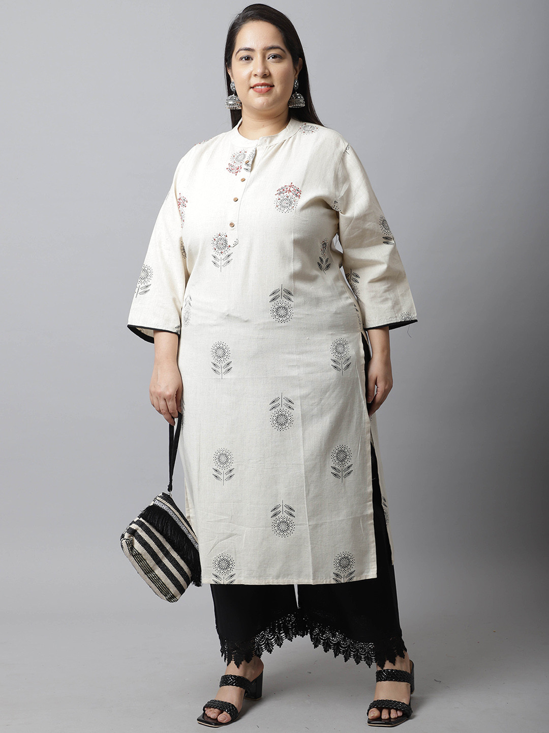 Rajnandini Women Plus Size Off White Floral Embroidered Pathani Kurta