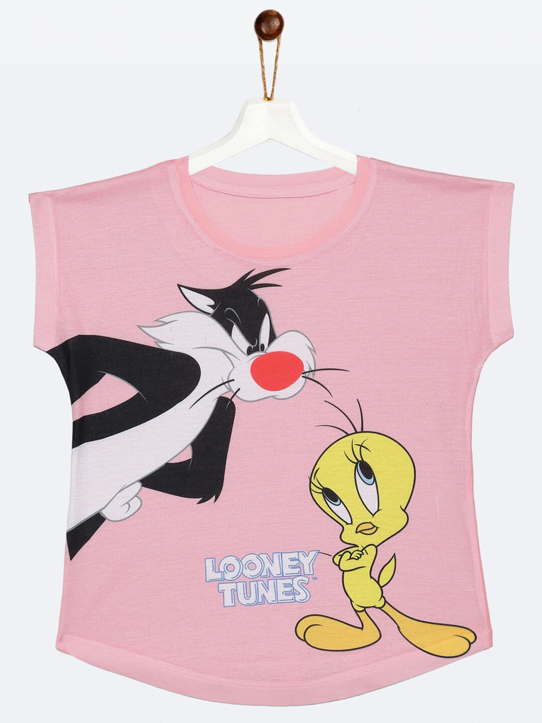 YK Warner Bros Girls Pink & Black Looney Tunes Tweety & Sylvester Short Sleeves Cotton Top