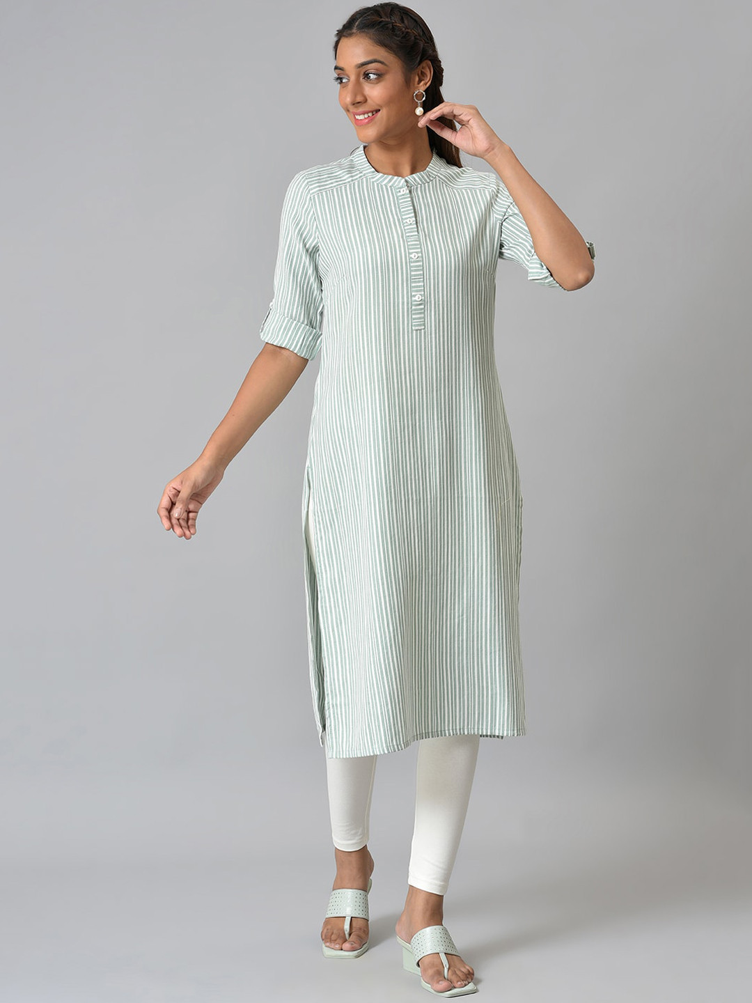 AURELIA Women Green & White Striped Kurta