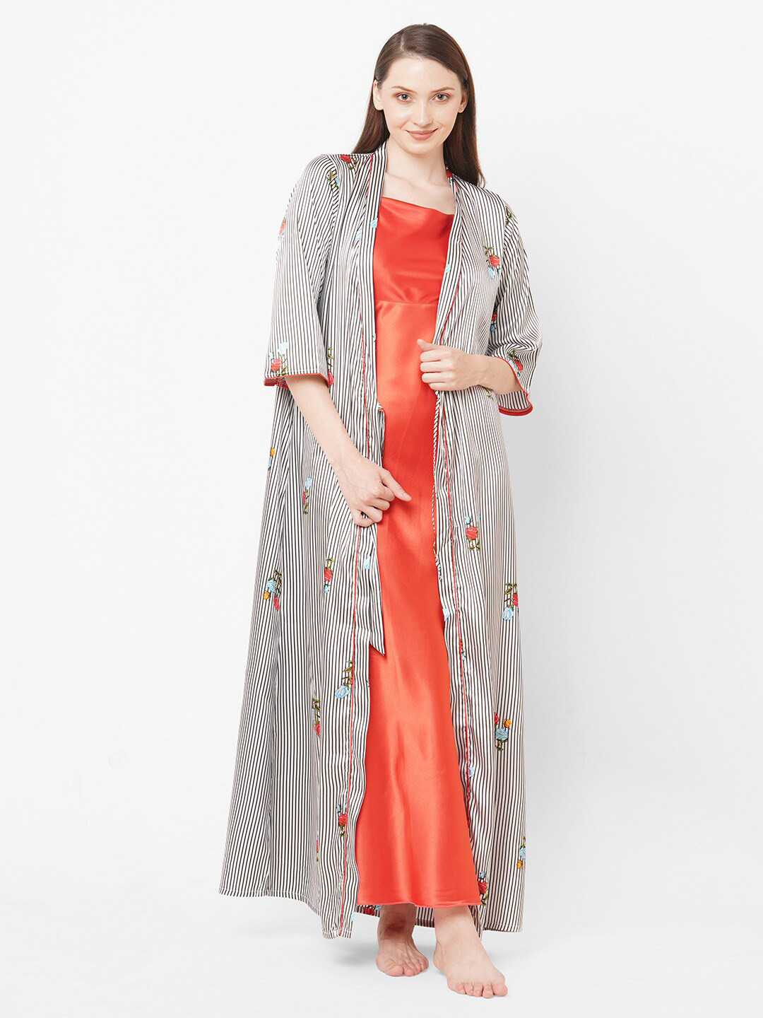 Sweet Dreams Women's White Printed and Orange Maxi Nightdress