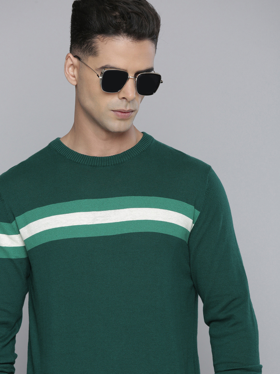 Flying Machine Men Green & White Striped Pure Cotton Pullover