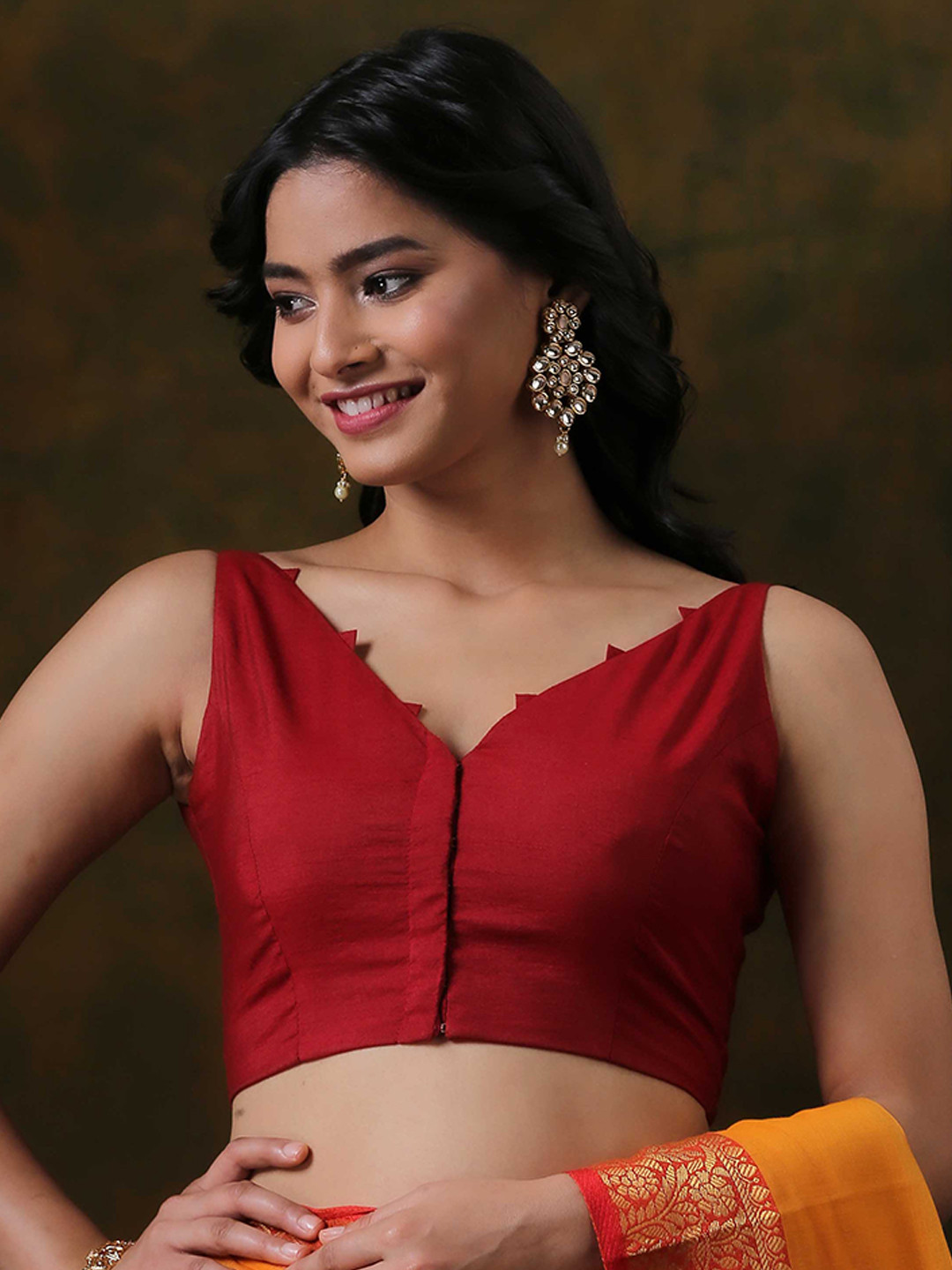 Triyah Women Red V-Neck Sleeveless Saree Blouse