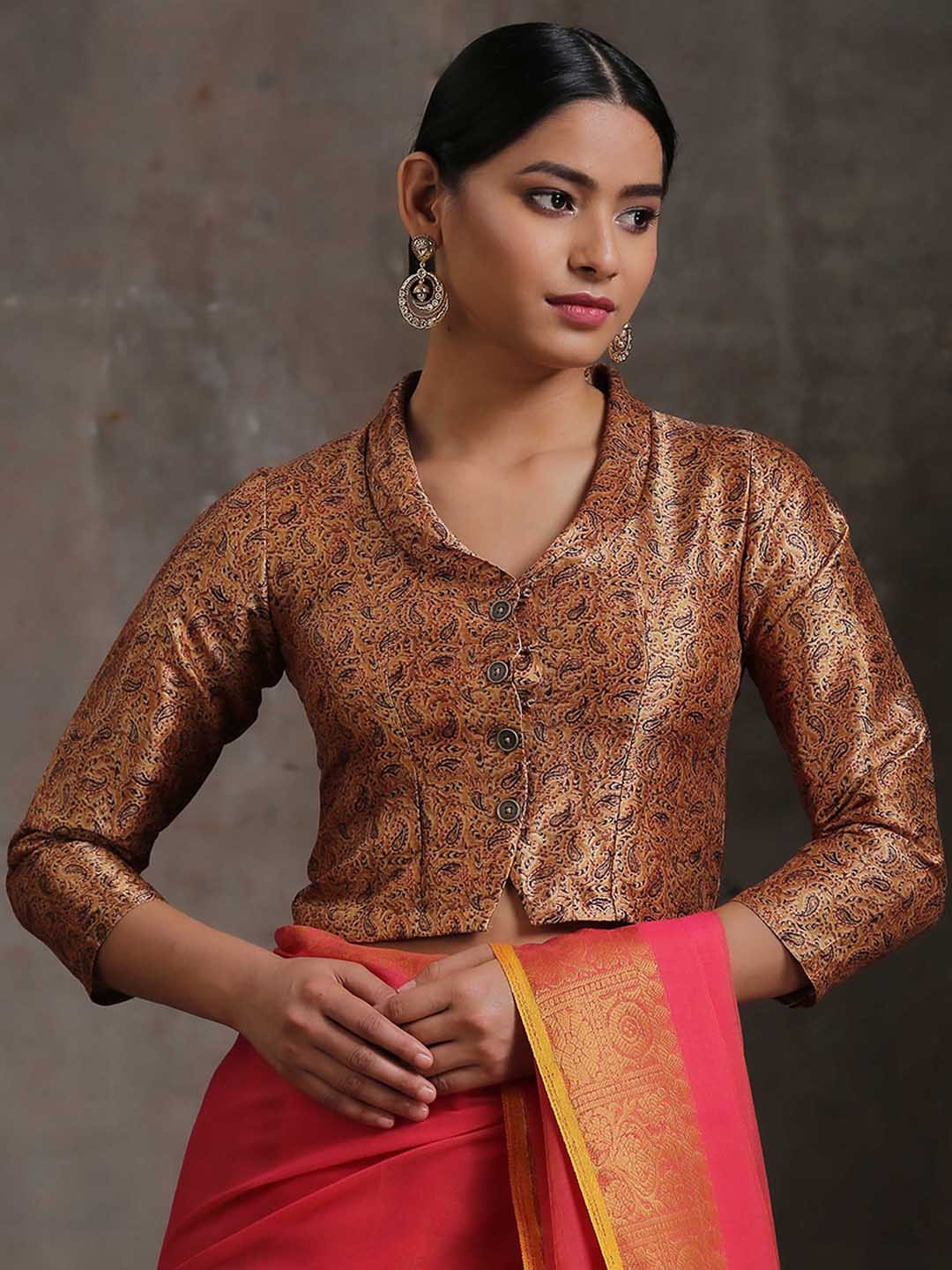 Triyah Paisley Printed Shirt Collar Silk Readymade Saree Blouse