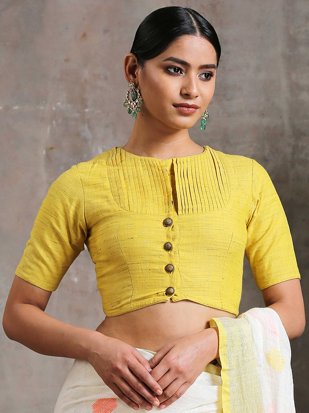 Triyah Yellow Solid Pintuck Cotton Round Neck Blouse