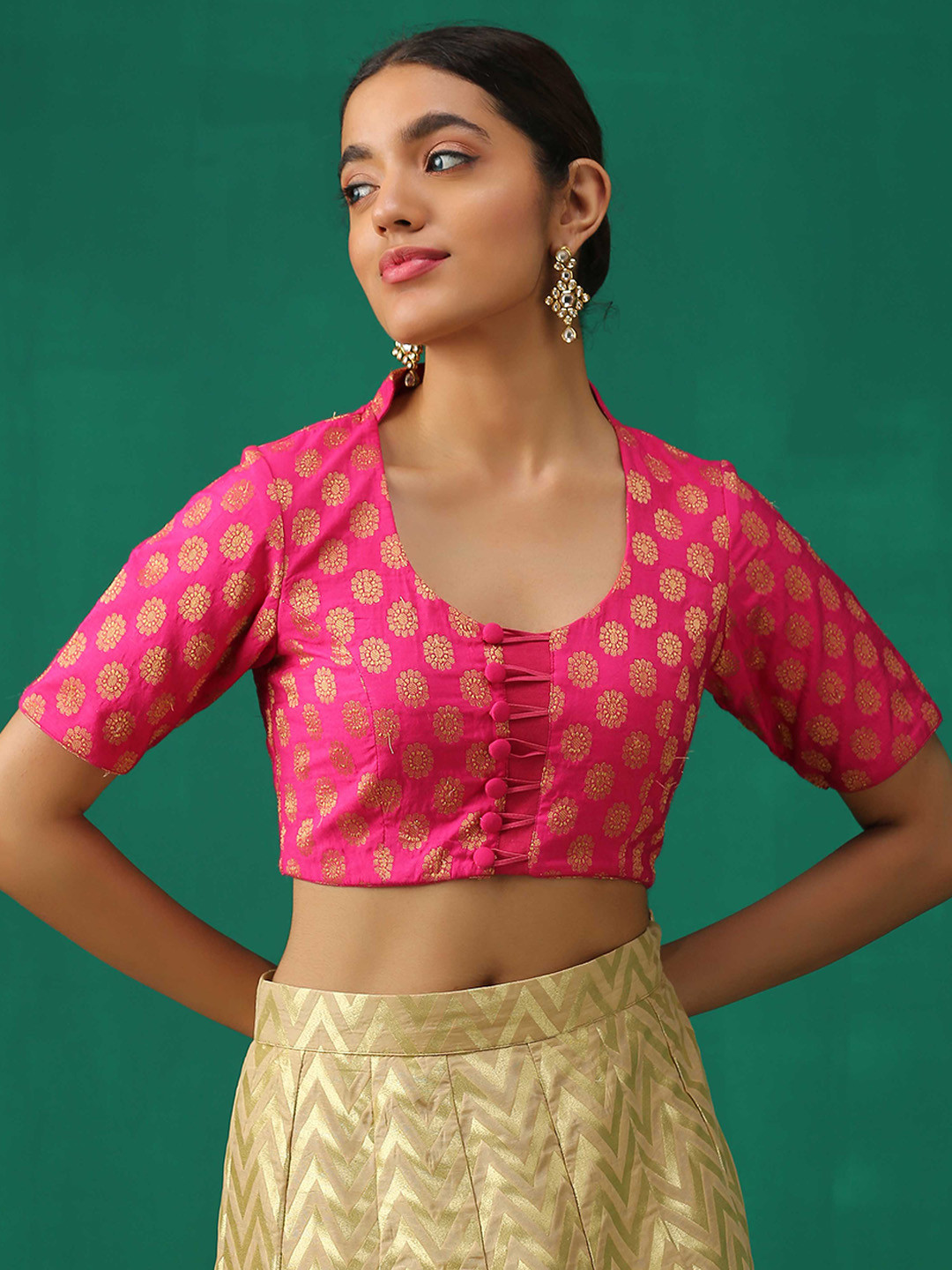 Triyah Women Pink Woven Design U-Neck Saree Blouse