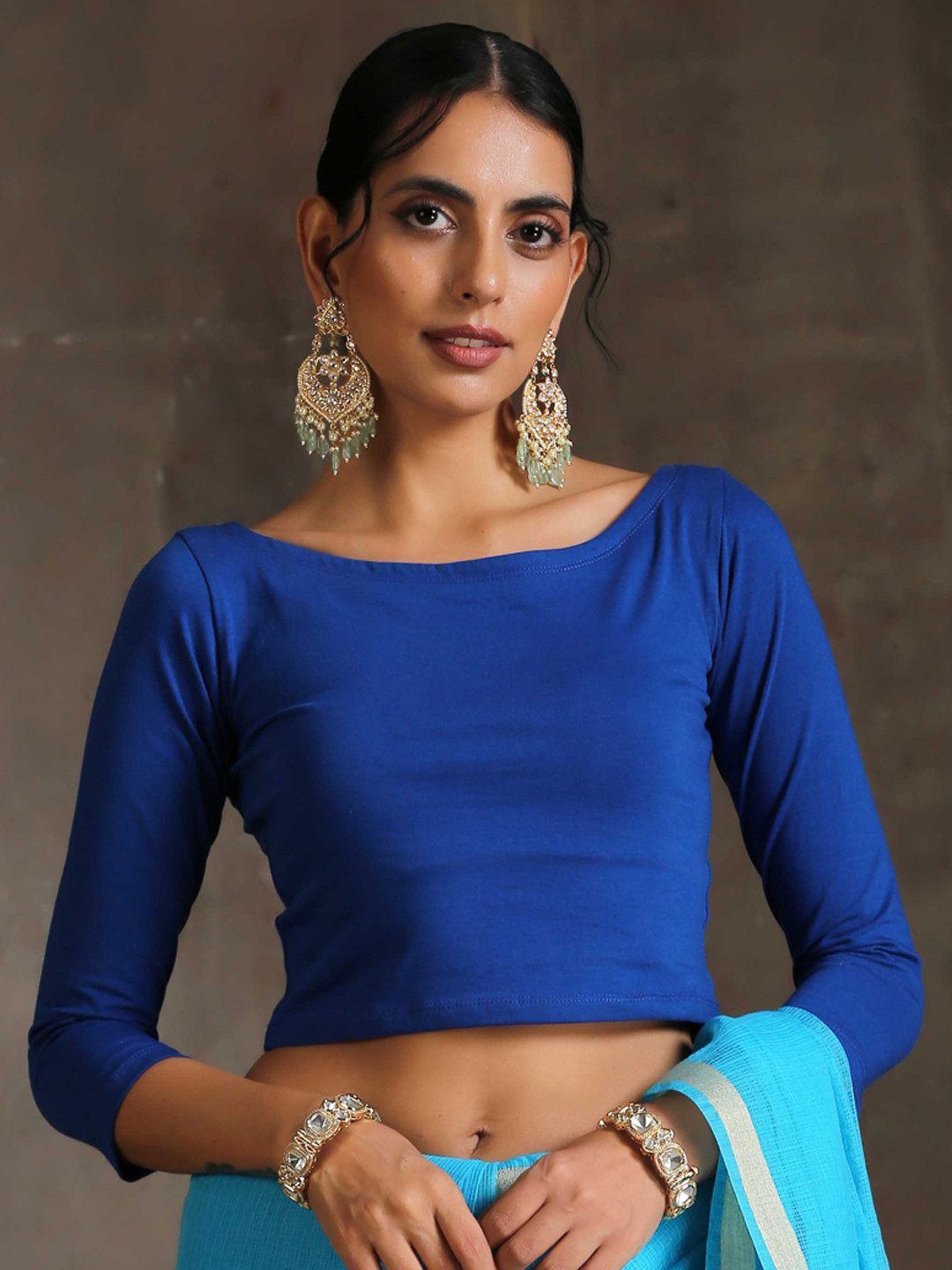 Triyah Blue Solid Boat Neck Saree Blouse