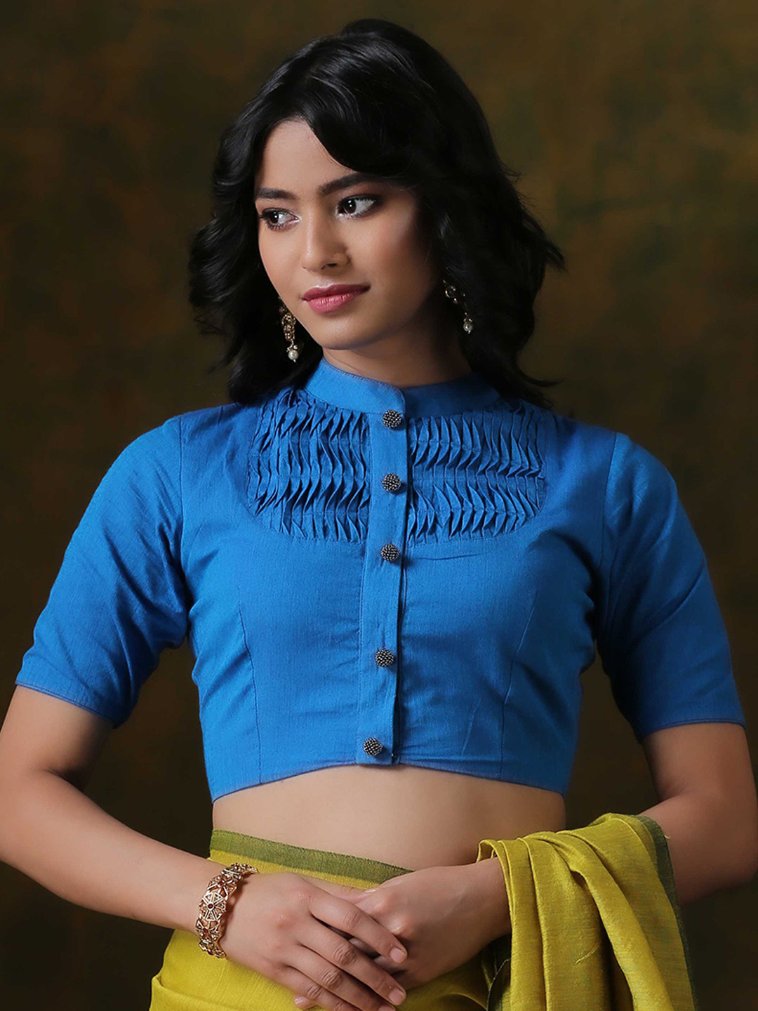 Triyah Women Blue Mandarin Collar Cotton Blouse